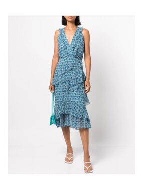 SALONI Annisa Silk Midi Dress Filigree Batik Blue Women’s Size 6